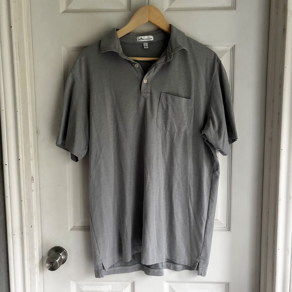Peter Millar Mens Grey Short Sleeve Polo Shirt Pocket Size Medium‎